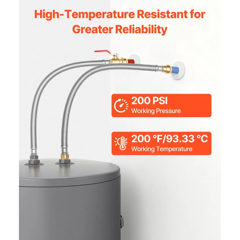 VEVOR Water Heater Kit, Push-Fit Valve Flexible Water Heater Connector with 3/4" FIP x 1/2" PTC Ball Valve, Stainless Steel Braided Waters Heaters Supply Line for Bathroom, Kitchen, Laundry Room