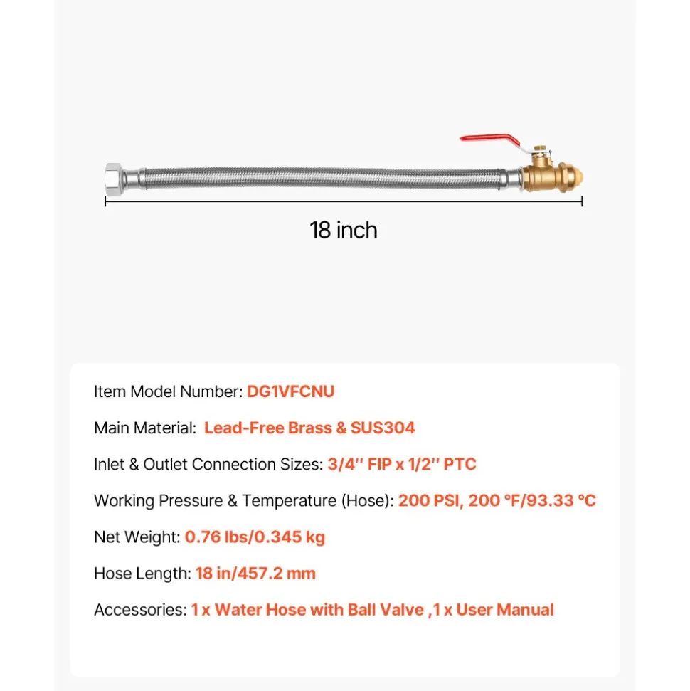 VEVOR Water Heater Kit, Push-Fit Valve Flexible Water Heater Connector with 3/4" FIP x 1/2" PTC Ball Valve, Stainless Steel Braided Waters Heaters Supply Line for Bathroom, Kitchen, Laundry Room