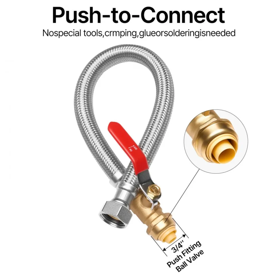 VEVOR Water Heater Kit, Push-Fit Valve Flexible Water Heater Connector with 3/4" FIP x 1/2" PTC Ball Valve, Stainless Steel Braided Waters Heaters Supply Line for Bathroom, Kitchen, Laundry Room