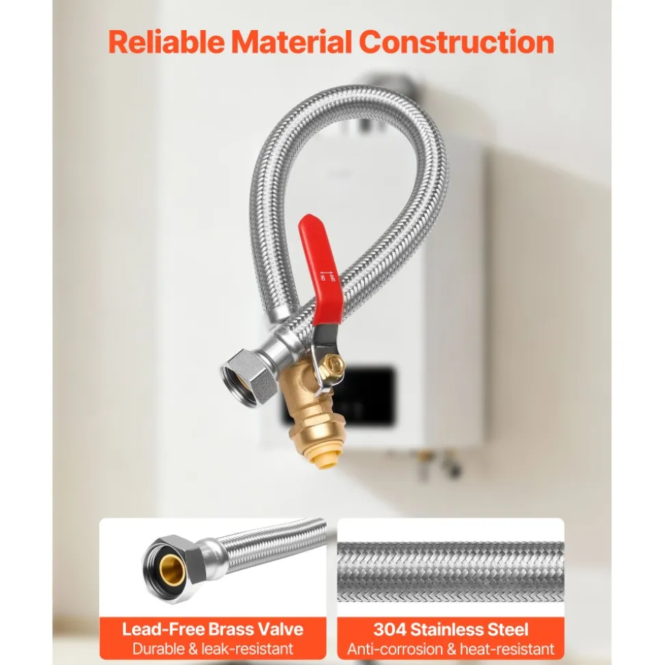 VEVOR Water Heater Kit, Push-Fit Valve Flexible Water Heater Connector with 3/4" FIP x 1/2" PTC Ball Valve, Stainless Steel Braided Waters Heaters Supply Line for Bathroom, Kitchen, Laundry Room