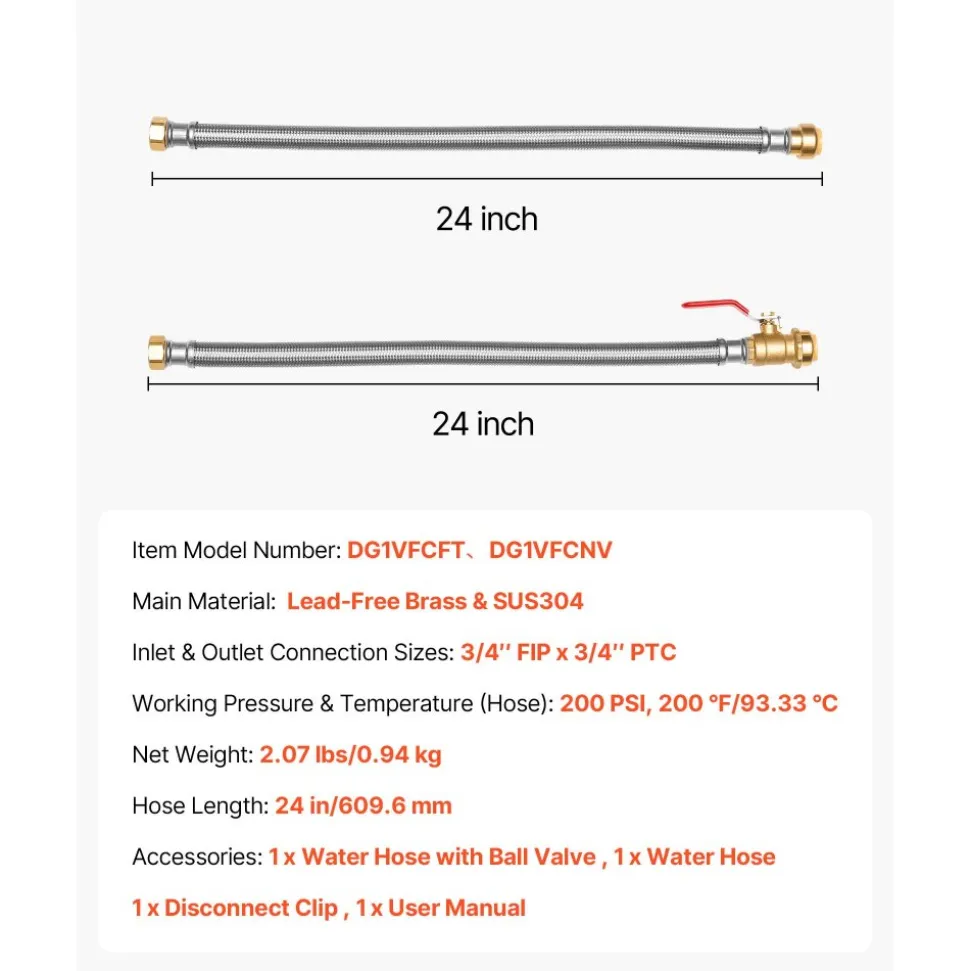 VEVOR Water Heater Kit, Push-Fit Valve Flexible Water Heater Connector with 3/4" FIP x 3/4" PTC Ball Valve, Stainless Steel Braided Waters Heaters Supply Line for Bathroom, Kitchen, Laundry Room