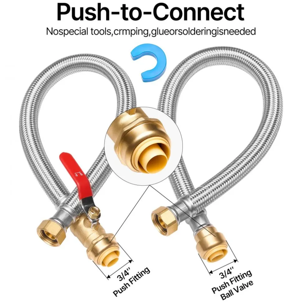 VEVOR Water Heater Kit, Push-Fit Valve Flexible Water Heater Connector with 3/4" FIP x 3/4" PTC Ball Valve, Stainless Steel Braided Waters Heaters Supply Line for Bathroom, Kitchen, Laundry Room