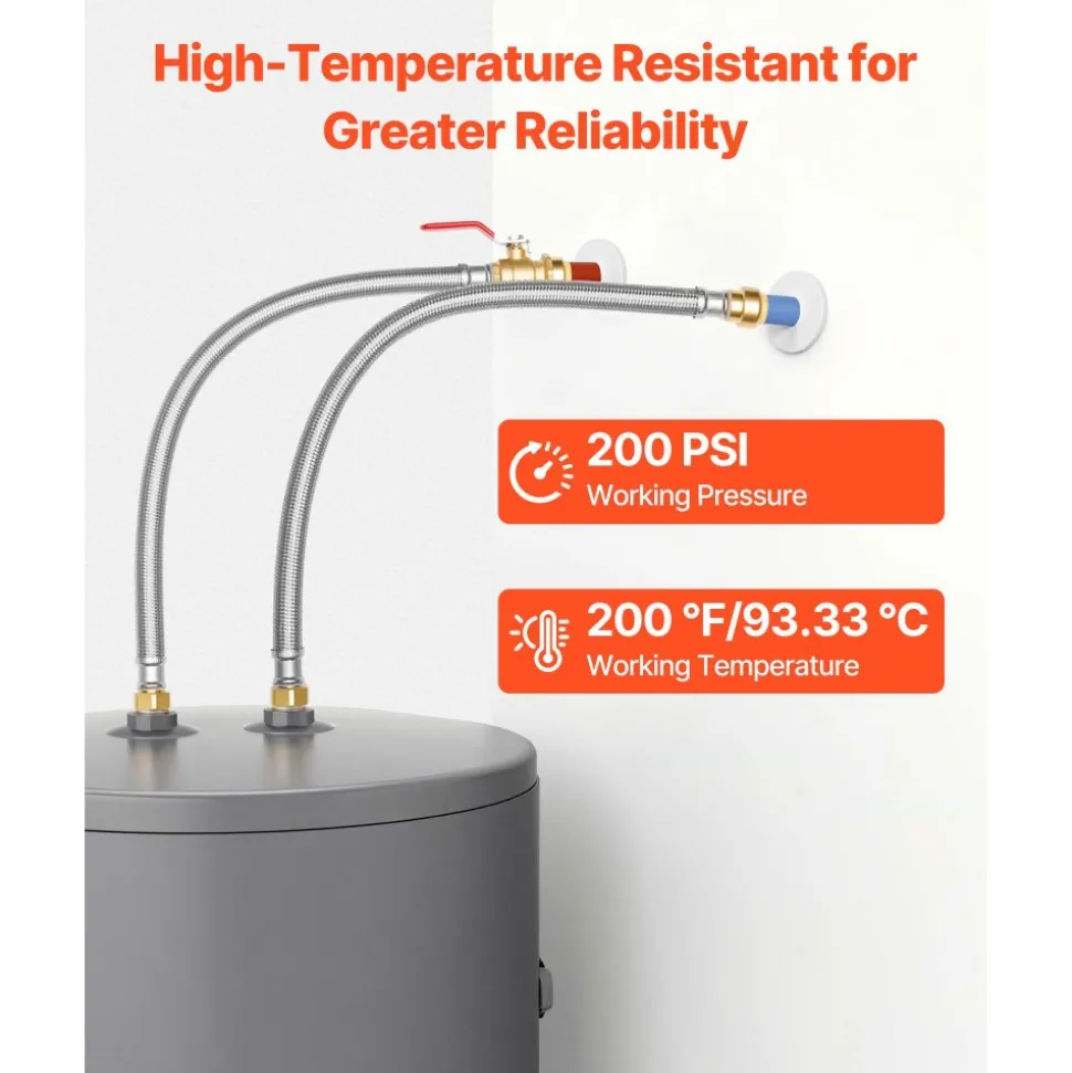 VEVOR Water Heater Kit, Push-Fit Valve Flexible Water Heater Connector with 3/4" FIP x 3/4" PTC Ball Valve, Stainless Steel Braided Waters Heaters Supply Line for Bathroom, Kitchen, Laundry Room