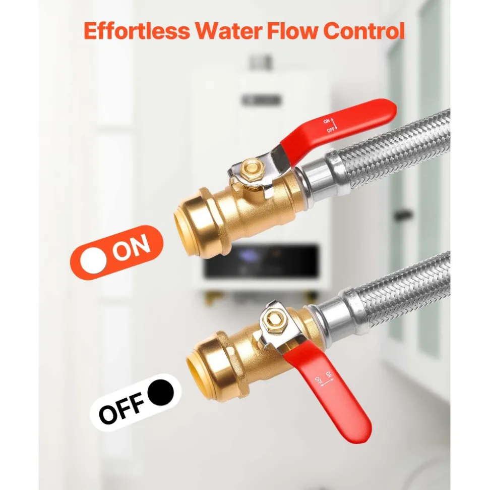 VEVOR Water Heater Kit, Push-Fit Valve Flexible Water Heater Connector with 3/4" FIP x 3/4" PTC Ball Valve, Stainless Steel Braided Waters Heaters Supply Line for Bathroom, Kitchen, Laundry Room