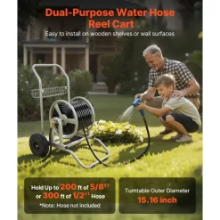 VEVOR Water Hose Reel Cart, 200/300ft High-Pressure Garden Hose Cart, Hoses Reel Carts with Two Wheels, Handle & Heavy-Duty Mesh Storage Basket, Dual-Purpose Portable Hoses Reels for Garden, Car, Pet