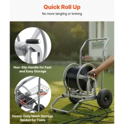 VEVOR Water Hose Reel Cart, 200/300ft High-Pressure Garden Hose Cart, Hoses Reel Carts with Two Wheels, Handle & Heavy-Duty Mesh Storage Basket, Dual-Purpose Portable Hoses Reels for Garden, Car, Pet