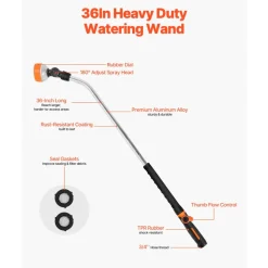 VEVOR Watering Wand, 36-Inch Extra Long Heavy Duty Garden Hose Wand with 8 Spray Patterns & 180° Swivel Head, Long Hose Nozzle Sprayer with on/off Thumb Control, Ideal for Hanging Baskets, Shrubs, Lawn