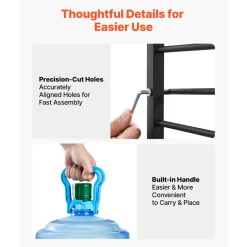 VEVOR Water Jug Holder, 4 Tiers 3 and 5 Gallon Water Bottle Holder for 3 Bottles, Heavy Duty Jug Rack Organizer with Storage Shelf, Detachable for Kitchen, Office, Living Room, Black and Brown