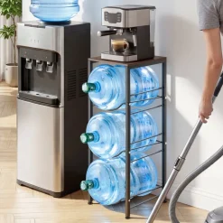 VEVOR Water Jug Holder, 4 Tiers 3 and 5 Gallon Water Bottle Holder for 3 Bottles, Heavy Duty Jug Rack Organizer with Storage Shelf, Detachable for Kitchen, Office, Living Room, Black and Brown
