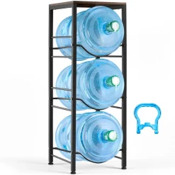 VEVOR Water Jug Holder, 4 Tiers 3 and 5 Gallon Water Bottle Holder for 3 Bottles, Heavy Duty Jug Rack Organizer with Storage Shelf, Detachable for Kitchen, Office, Living Room, Black and Brown