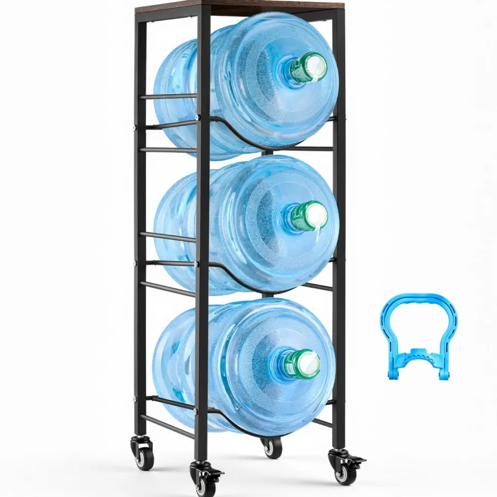 VEVOR Water Jug Holder, 4 Tiers 3 and 5 Gallon Water Bottle Holder for 3 Bottles, Heavy Duty Jug Rack Organizer with Storage Shelf and Casters, for Kitchen, Office, Living Room, Black and Brown
