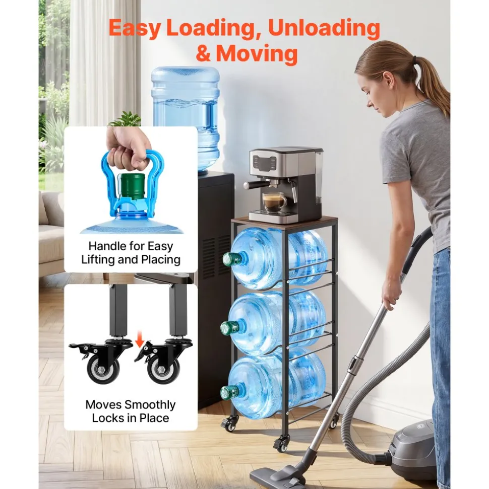 VEVOR Water Jug Holder, 4 Tiers 3 and 5 Gallon Water Bottle Holder for 3 Bottles, Heavy Duty Jug Rack Organizer with Storage Shelf and Casters, for Kitchen, Office, Living Room, Black and Brown