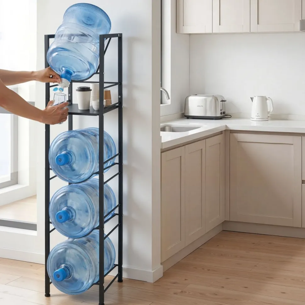 VEVOR Water Jug Holder, 5 Tiers 3 and 5 Gallon Water Bottle Holder for 4 Bottles, Heavy Duty Jug Rack Organizer with Storage Shelf, Adjustable Feet, and Handle, for Kitchen, Office, Living Room, Black