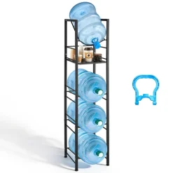VEVOR Water Jug Holder, 5 Tiers 3 and 5 Gallon Water Bottle Holder for 4 Bottles, Heavy Duty Jug Rack Organizer with Storage Shelf, Adjustable Feet, and Handle, for Kitchen, Office, Living Room, Black