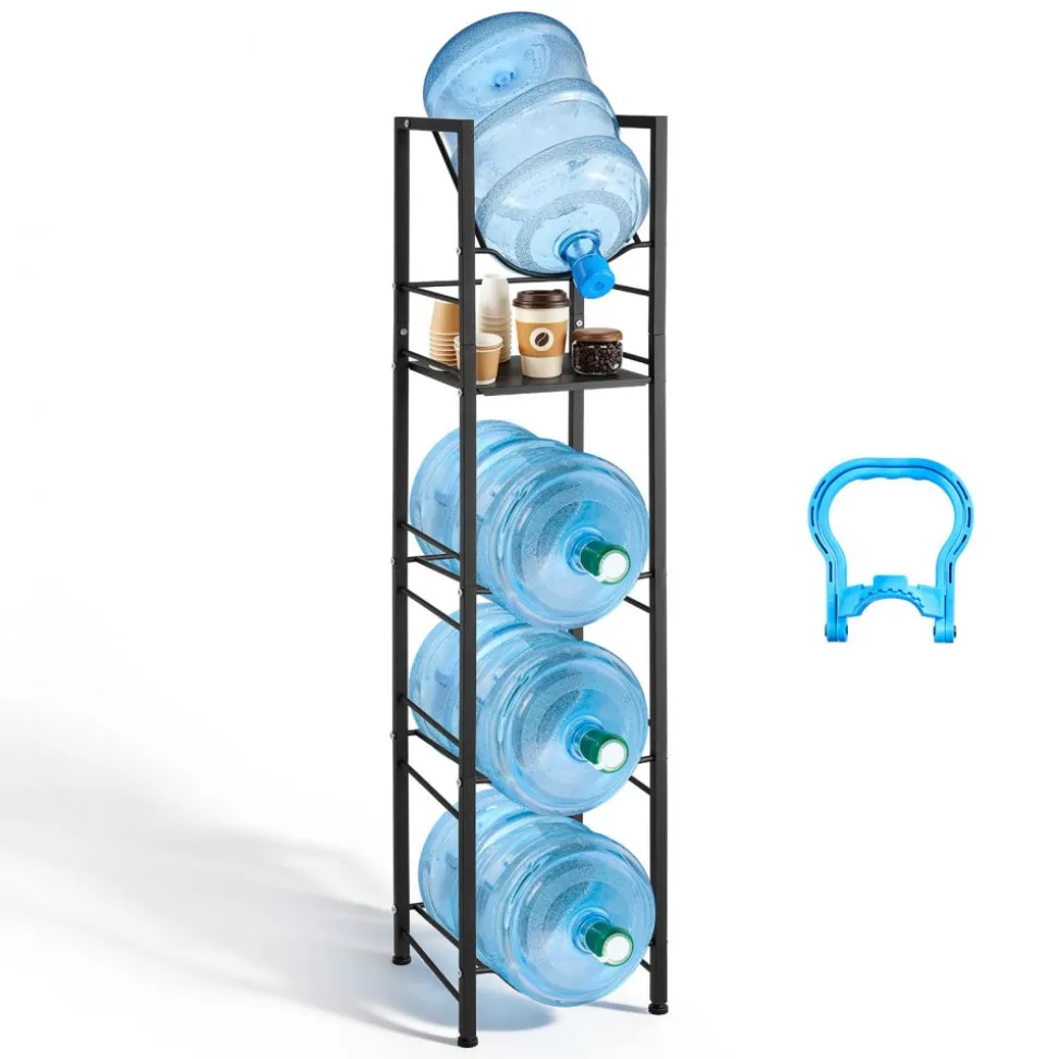 VEVOR Water Jug Holder, 5 Tiers 3 and 5 Gallon Water Bottle Holder for 4 Bottles, Heavy Duty Jug Rack Organizer with Storage Shelf, Adjustable Feet, and Handle, for Kitchen, Office, Living Room, Black