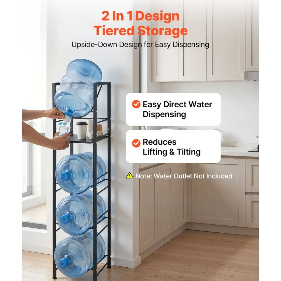 VEVOR Water Jug Holder, 5 Tiers 3 and 5 Gallon Water Bottle Holder for 4 Bottles, Heavy Duty Jug Rack Organizer with Storage Shelf, Adjustable Feet, and Handle, for Kitchen, Office, Living Room, Black
