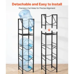 VEVOR Water Jug Holder, 5 Tiers 3 and 5 Gallon Water Bottle Holder for 4 Bottles, Heavy Duty Jug Rack Organizer with Storage Shelf, Adjustable Feet, and Handle, for Kitchen, Office, Living Room, Black