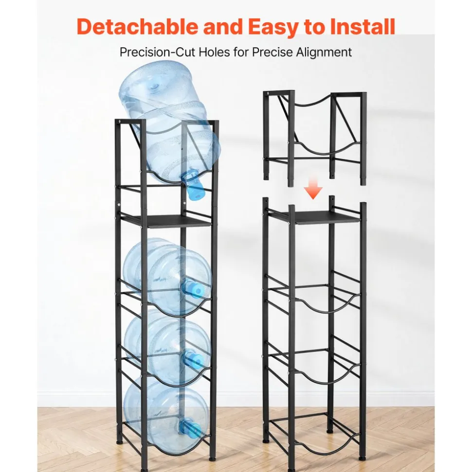 VEVOR Water Jug Holder, 5 Tiers 3 and 5 Gallon Water Bottle Holder for 4 Bottles, Heavy Duty Jug Rack Organizer with Storage Shelf, Adjustable Feet, and Handle, for Kitchen, Office, Living Room, Black