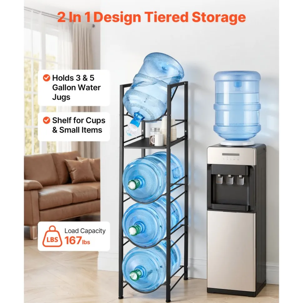 VEVOR Water Jug Holder, 5 Tiers 3 and 5 Gallon Water Bottle Holder for 4 Bottles, Heavy Duty Jug Rack Organizer with Storage Shelf, Adjustable Feet, and Handle, for Kitchen, Office, Living Room, Black