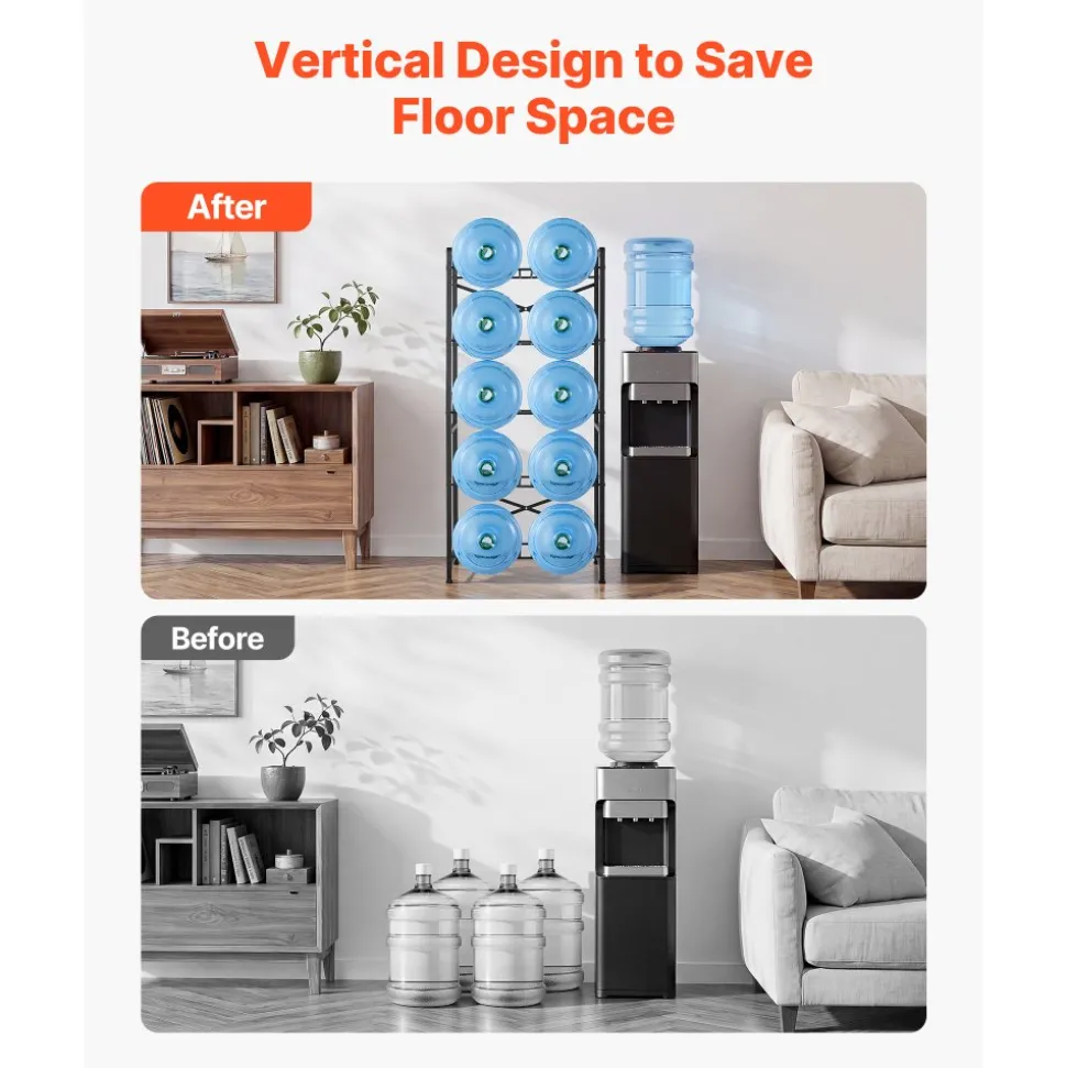 VEVOR Water Jug Holder, 5 Tiers Double Rows 3 and 5 Gallon Water Bottle Holder for 10 Bottles, Heavy Duty Jug Rack Organizer with Handles, Easy Assembly, for Kitchen, Office, Living Room, Black