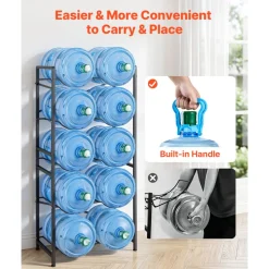 VEVOR Water Jug Holder, 5 Tiers Double Rows 3 and 5 Gallon Water Bottle Holder for 10 Bottles, Heavy Duty Jug Rack Organizer with Handles, Easy Assembly, for Kitchen, Office, Living Room, Black