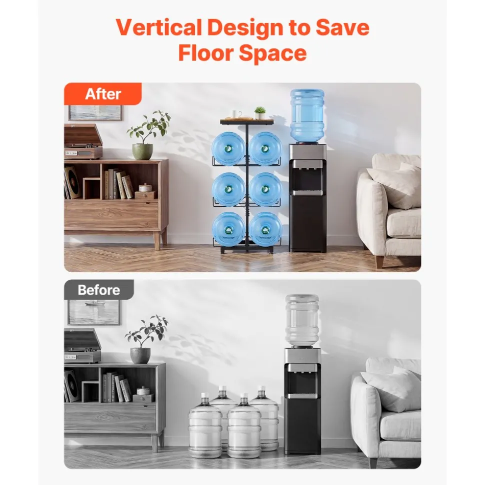 VEVOR Water Jug Holder, 4 Tiers Double Rows 3 and 5 Gallon Water Bottle Holder for 6 Bottles, Heavy Duty Jug Rack Organizer with Handles, Foldable for Kitchen, Office, Living Room, Black and Brown