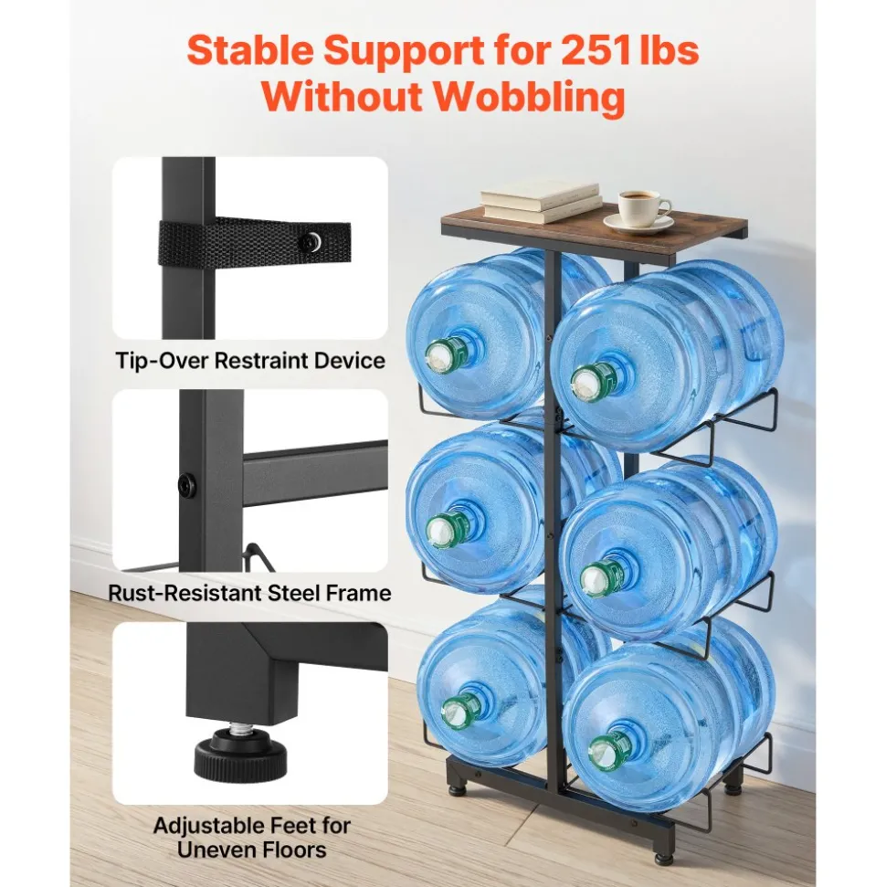 VEVOR Water Jug Holder, 4 Tiers Double Rows 3 and 5 Gallon Water Bottle Holder for 6 Bottles, Heavy Duty Jug Rack Organizer with Handles, Foldable for Kitchen, Office, Living Room, Black and Brown