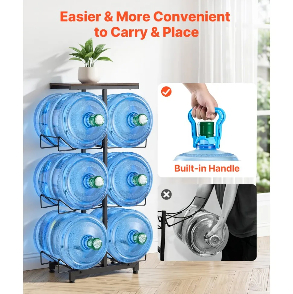 VEVOR Water Jug Holder, 4 Tiers Double Rows 3 and 5 Gallon Water Bottle Holder for 6 Bottles, Heavy Duty Jug Rack Organizer with Handles, Foldable for Kitchen, Office, Living Room, Black and Brown