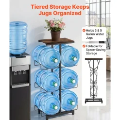 VEVOR Water Jug Holder, 4 Tiers Double Rows 3 and 5 Gallon Water Bottle Holder for 6 Bottles, Heavy Duty Jug Rack Organizer with Handles, Foldable for Kitchen, Office, Living Room, Black and Brown