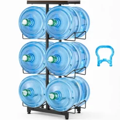 VEVOR Water Jug Holder, 4 Tiers Double Rows 3 and 5 Gallon Water Bottle Holder for 6 Bottles, Heavy Duty Jug Rack Organizer with Handles, Foldable for Kitchen, Office, Living Room, Black and Brown