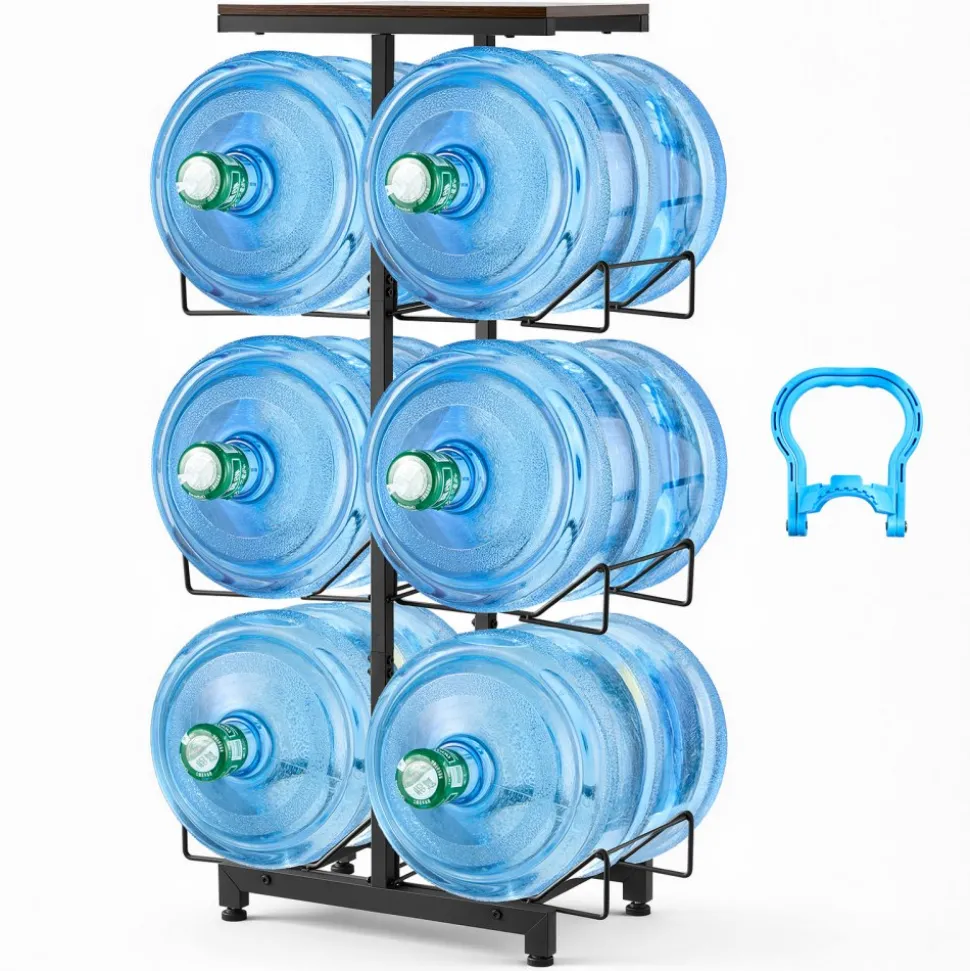 VEVOR Water Jug Holder, 4 Tiers Double Rows 3 and 5 Gallon Water Bottle Holder for 6 Bottles, Heavy Duty Jug Rack Organizer with Handles, Foldable for Kitchen, Office, Living Room, Black and Brown