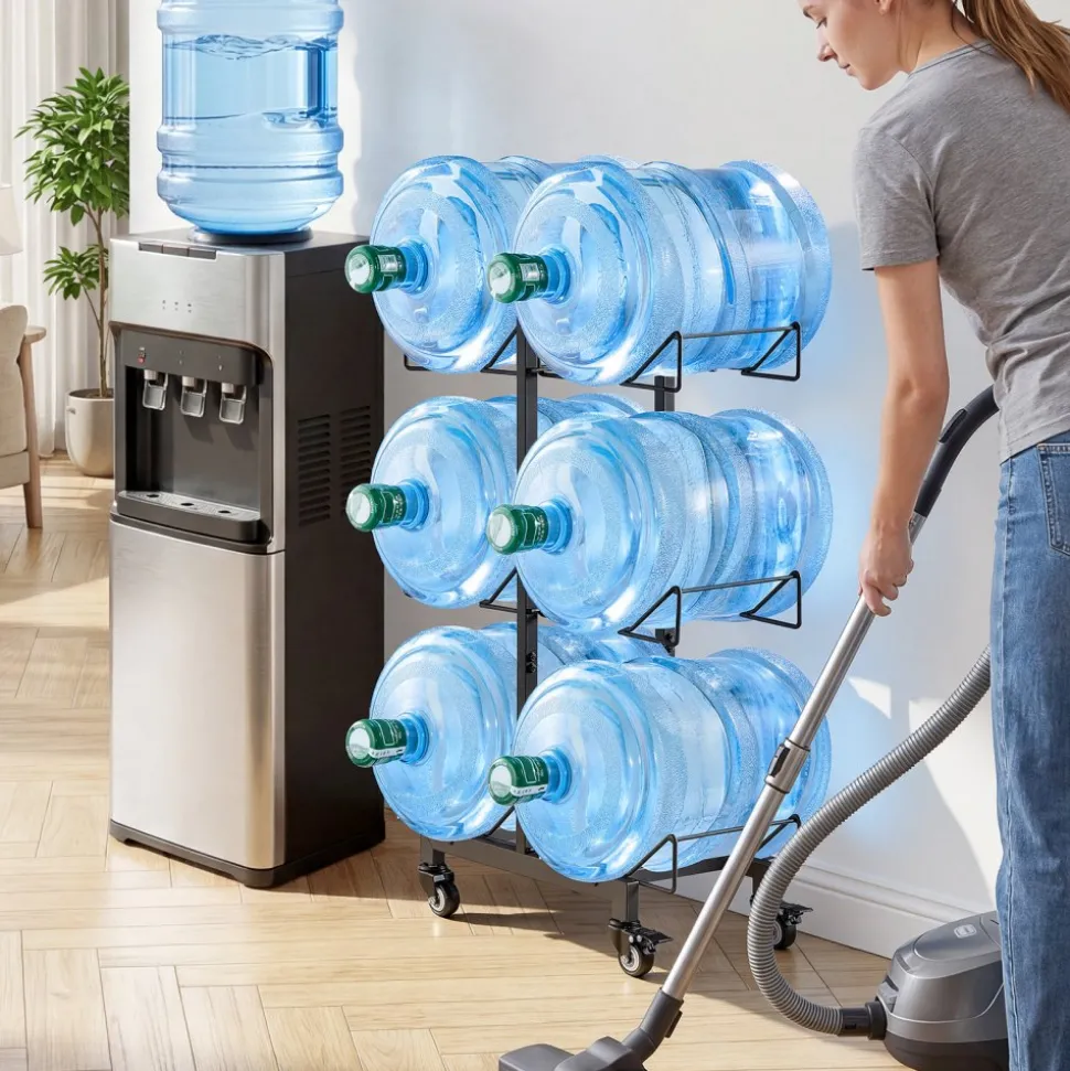 VEVOR Water Jug Holder, 4 Tiers Double Rows 3 and 5 Gallon Water Bottle Holder for 6 Bottles, Heavy Duty Jug Rack Organizer with Handles, Foldable for Kitchen, Office, Living Room, Black and Brown
