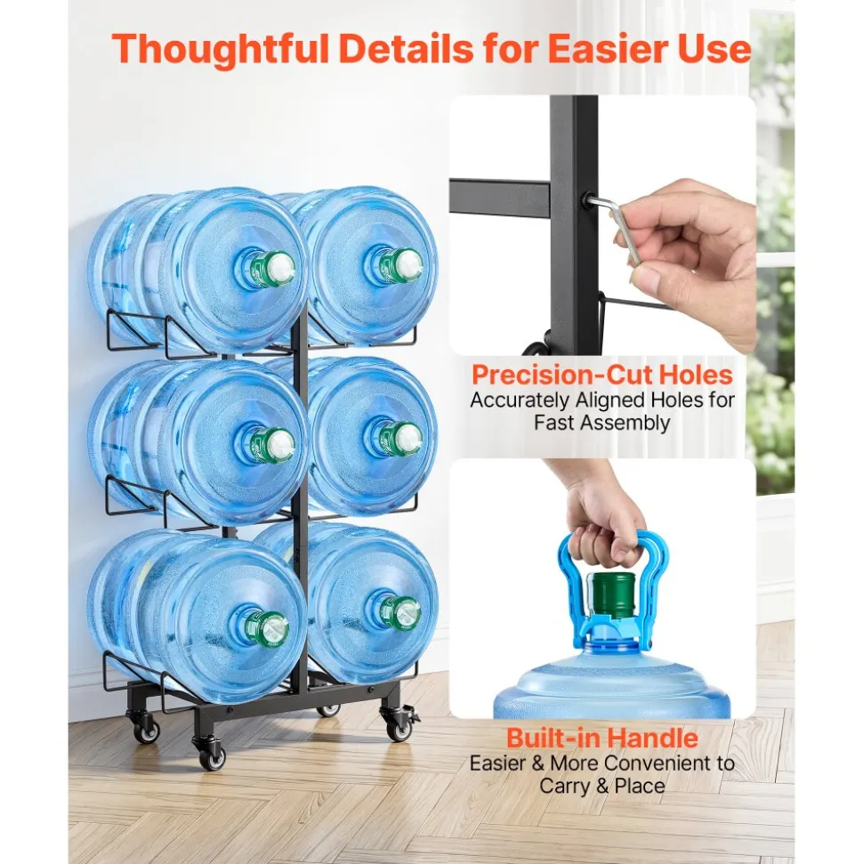 VEVOR Water Jug Holder, 3 Tiers Double Rows 3 and 5 Gallon Water Bottle Holder for 6 Bottles, Heavy Duty Jug Rack Organizer with Casters and Handles, Foldable for Kitchen, Office, Living Room, Black