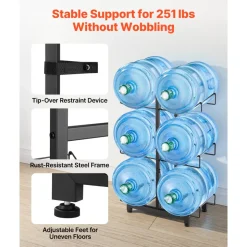 VEVOR Water Jug Holder, 3 Tiers Double Rows 3 and 5 Gallon Water Bottle Holder for 6 Bottles, Heavy Duty Jug Rack Organizer with Casters and Handles, Foldable for Kitchen, Office, Living Room, Black