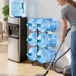 VEVOR Water Jug Holder, 3 Tiers Double Rows 3 and 5 Gallon Water Bottle Holder for 6 Bottles, Heavy Duty Jug Rack Organizer with Casters and Handles, Foldable for Kitchen, Office, Living Room, Black