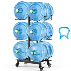 VEVOR Water Jug Holder, 3 Tiers Double Rows 3 and 5 Gallon Water Bottle Holder for 6 Bottles, Heavy Duty Jug Rack Organizer with Casters and Handles, Foldable for Kitchen, Office, Living Room, Black