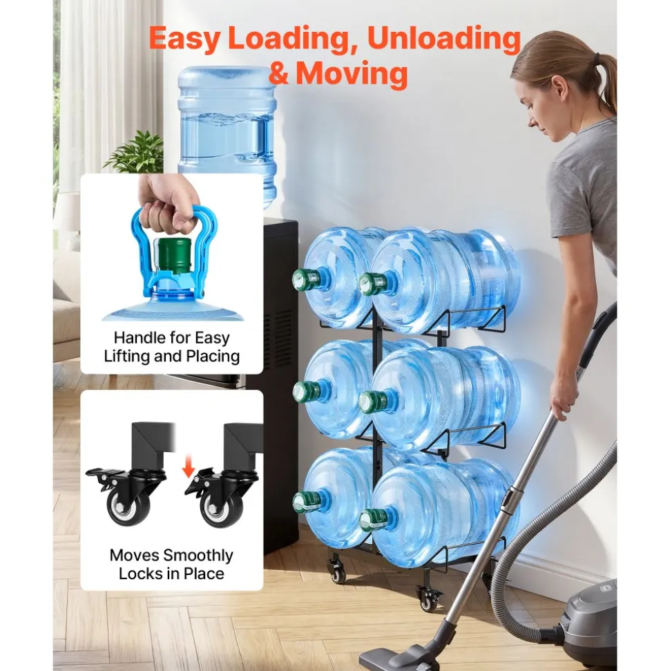 VEVOR Water Jug Holder, 3 Tiers Double Rows 3 and 5 Gallon Water Bottle Holder for 6 Bottles, Heavy Duty Jug Rack Organizer with Casters and Handles, Foldable for Kitchen, Office, Living Room, Black