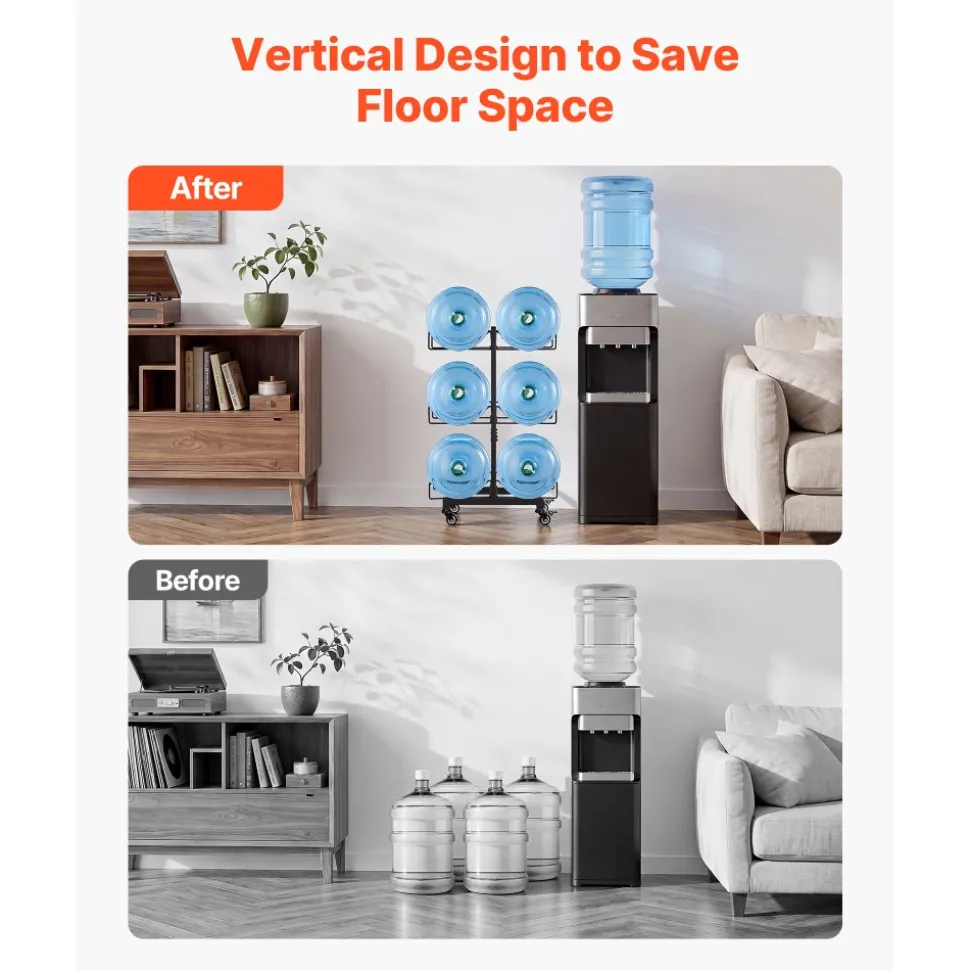 VEVOR Water Jug Holder, 3 Tiers Double Rows 3 and 5 Gallon Water Bottle Holder for 6 Bottles, Heavy Duty Jug Rack Organizer with Casters and Handles, Foldable for Kitchen, Office, Living Room, Black