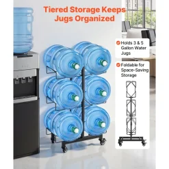 VEVOR Water Jug Holder, 3 Tiers Double Rows 3 and 5 Gallon Water Bottle Holder for 6 Bottles, Heavy Duty Jug Rack Organizer with Casters and Handles, Foldable for Kitchen, Office, Living Room, Black