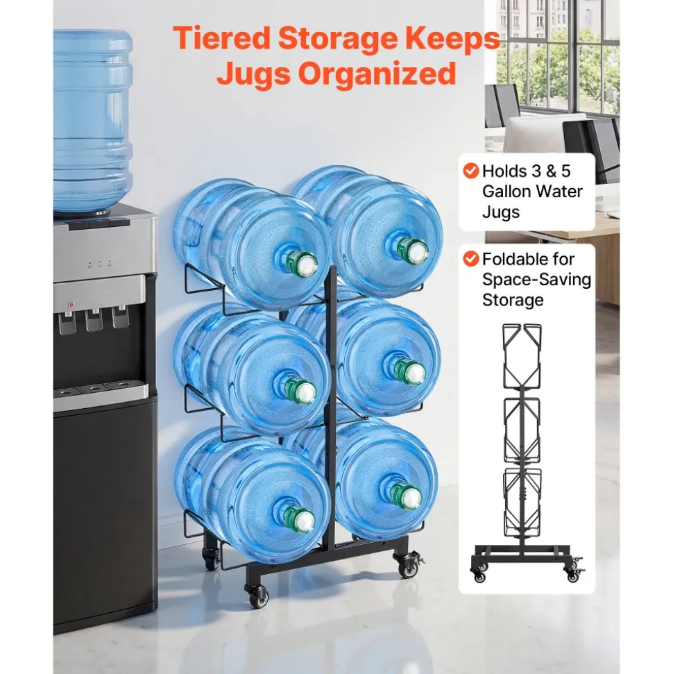 VEVOR Water Jug Holder, 3 Tiers Double Rows 3 and 5 Gallon Water Bottle Holder for 6 Bottles, Heavy Duty Jug Rack Organizer with Casters and Handles, Foldable for Kitchen, Office, Living Room, Black
