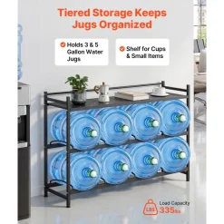 VEVOR Water Jug Holder, 3 Tiers 4 Rows 3 and 5 Gallon Water Bottle Holder for 8 Bottles, Heavy Duty Jug Rack Organizer with Storage Shelf, Angled Design, for Kitchen, Office, Living Room, Black