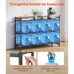 VEVOR Water Jug Holder, 3 Tiers 4 Rows 3 and 5 Gallon Water Bottle Holder for 8 Bottles, Heavy Duty Jug Rack Organizer with Storage Shelf, Angled Design, for Kitchen, Office, Living Room, Black