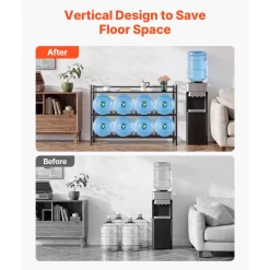 VEVOR Water Jug Holder, 3 Tiers 4 Rows 3 and 5 Gallon Water Bottle Holder for 8 Bottles, Heavy Duty Jug Rack Organizer with Storage Shelf, Angled Design, for Kitchen, Office, Living Room, Black