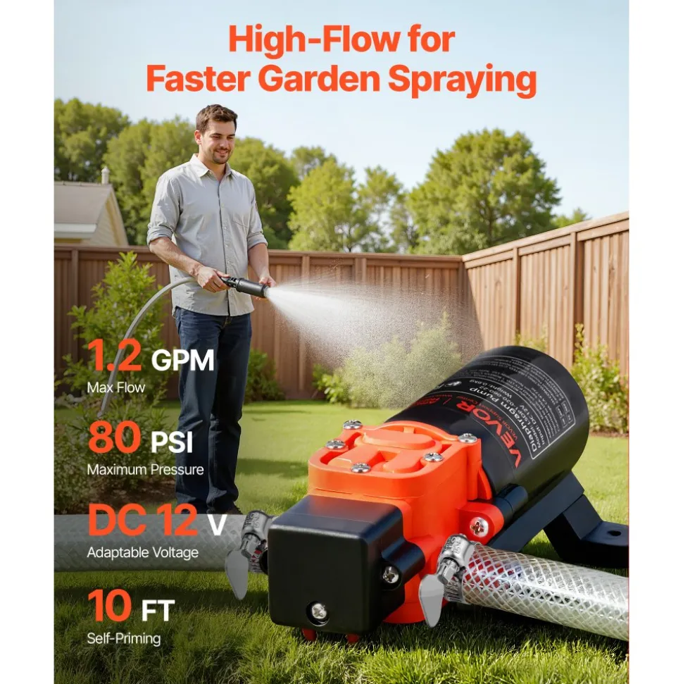 VEVOR Water Pressure Pump, 12V DC 1.2 GPM (4.5 L/min), 2-Chamber Self-Priming Diaphragm Water Pump with 2 Hose Clamps, 80 PSI Max Pressure, Quiet Operation, for RV, Caravan, Marine, Garden Irrigation