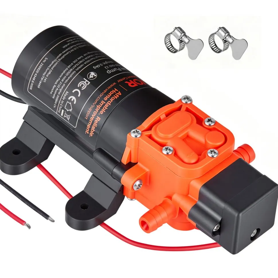 VEVOR Water Pressure Pump, 12V DC 1.2 GPM (4.5 L/min), 2-Chamber Self-Priming Diaphragm Water Pump with 2 Hose Clamps, 80 PSI Max Pressure, Quiet Operation, for RV, Caravan, Marine, Garden Irrigation