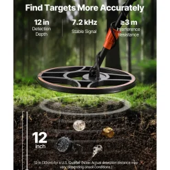 VEVOR Waterproof Metal Detector, 12", Professional High Accuracy Gold Detector for Adults, with Display, Wireless Headphones, 7 Modes, Adjustable Length, for Detecting Gold Treasure Hunting, IP68