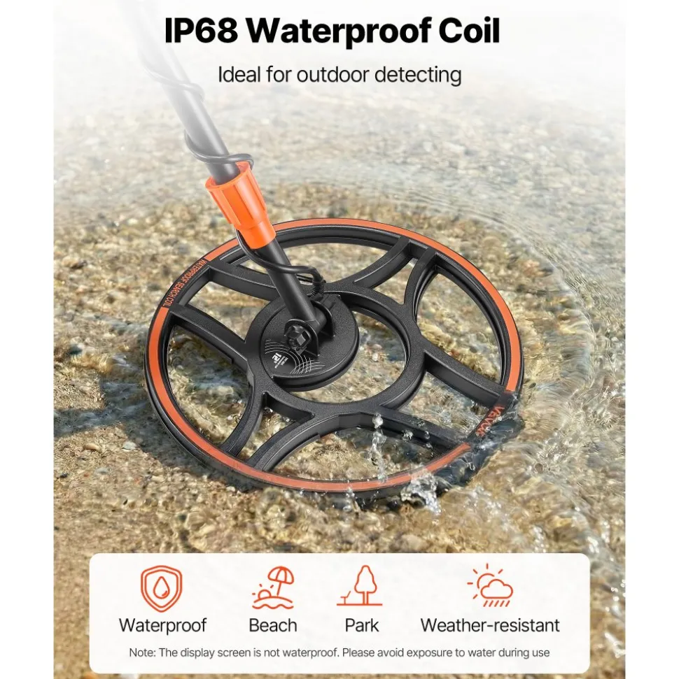 VEVOR Waterproof Metal Detector, 12", Professional High Accuracy Gold Detector for Adults, with Display, Wireless Headphones, 7 Modes, Adjustable Length, for Detecting Gold Treasure Hunting, IP68