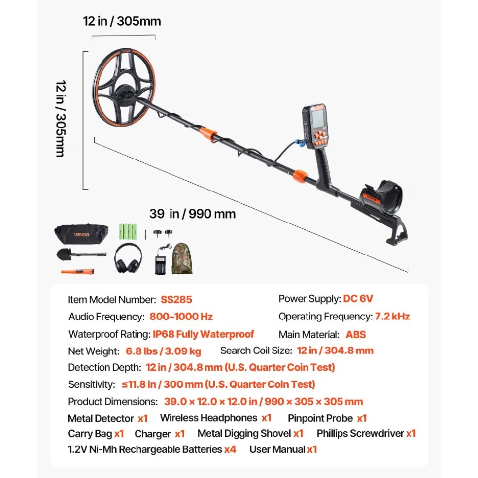 VEVOR Waterproof Metal Detector, 12", Professional High Accuracy Gold Detector for Adults, with Display, Wireless Headphones, 7 Modes, Adjustable Length, for Detecting Gold Treasure Hunting, IP68