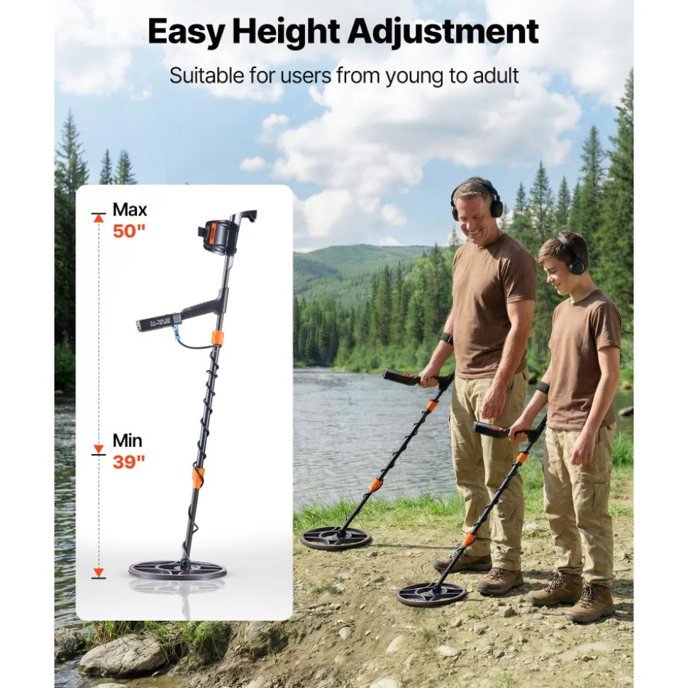 VEVOR Waterproof Metal Detector, 12", Professional High Accuracy Gold Detector for Adults, with Display, Wireless Headphones, 7 Modes, Adjustable Length, for Detecting Gold Treasure Hunting, IP68