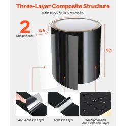 VEVOR Waterproof Patch and Seal Tape, 4 inch x 10 ft, Pack of 2, Weather-Resistant Waterproof Tape for Leaks and Repairs, Peel and Stick Easy Indoor and Outdoor Use for Roof, Wall, and Pipe, Black